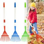 3PCS Kids Rakes for Leaves, 28" Child Size Garden Rake Childrens Lawn Rake Toddler Leaf Rake Blue Red Green Plastic Head Kid Yard Rakes with Detachable Hardwood Handle Great Garden Tools for Boy Girl