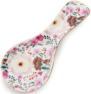 LEAZUL Ceramic Spoon Rest for Stove Top Kitchen Counter Large Spoon Holder Farmhouse Floral Flowers Print Coffee Spoon Cooking Utensil Tools Rest Modern Kitchen Decor (Pink White)