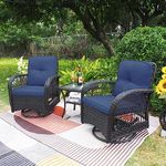 Patio Chairs Bistro Set of 3, 360° Wicker Swivel Rocker Chair with Side Coffee Table and Cushion, Premium Indoor Rattan Porch Conversation Furniture (Navy Blue)