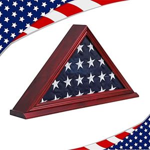 Flag Display Case Triangle Military Shadow Box with Flat Base Fits a Folded 5'x9.5' American Veterans Burial Memorial Funeral Flag Real Glass Front Wall Mountable Solid Wood Military Flag Case, CHERRY