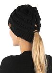 Funky Junque Criss Cross Hat Womens Beanie Tail Messy Bun High Ponytail Knit Cap, Black, One Size