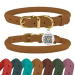 Rolled Leather Dog Collar with QR ID Tag Adjustable Soft Round Collars for Small Medium Large Dogs Puppy Cat (Light Brown, 16-19 inch)