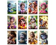 Posters Inc Set of 12 Positive Vibes Bal Krishna Wallpaper Sticker, Cute Baby Poster for Pregnant Women, HD Quality Print on 300 GSM A4 Size 8 * 12 Inch, Glue Dots Included, God Posters for Wall