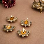 DecorTwist Brass Diya for Puja (0.6Inch, 140Grams) Pack of 4 100% Pure Brass Lotus Design Deepak Oil Lamp in Gold Antique Finish Diya for Diwali, Pooja Room, Home Temple Diwali Decoration Item