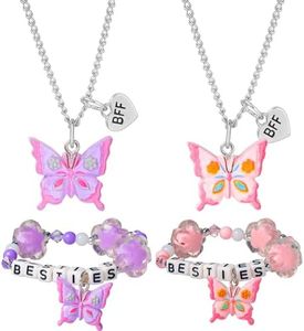 PinkSheep BFF Necklaces and Bracelet for 2, Butterfly Unicorn Princess Friendship Necklace for Teen Girls Best Friend Birthday Gift, resin, beads, No Gemstone