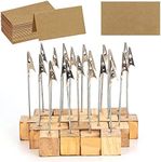 20 Pcs Rustic Wood Place Card Holders with Memo Clips and 30 Pcs Kraft Place Cards, Wooden Table Number Holder Stand Photo Picture Note Clip Holders for Wedding Party Name Sign - Cube Base