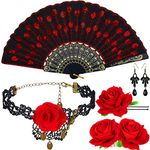 Cunno 5 Pcs Halloween Rose Flower Flamenco Accessories Including Embroidered Sequins Fabric Folding Fan, Rose Flower Hair Clip, Flower Choker and Lace Earrings for Flamenco Dancer Women Costume Party