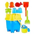 PREXTEX 10 Piece Beach Toys Sand Toys Set for Kids, Bucket with Sifter, Shovel, Rake, Watering Can, 5 Animal and Castle Sand Molds for Kids & Toddlers