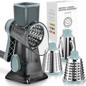 KEOUKE Rotary Cheese Grater with Handle Vegetable Cheese Shredder Slicer Grater for Kitchen 3 Changeable Blades for Cheese Potato Zucchini Nuts Chocolate - GreyBlue