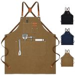 Aprons for Women Men, Cotton Canvas Chef Apron with Adjustable Strap & Large Pockets, Cross Back Work Aprons for Kitchen Cooking, Baking, Gardening, Painting, Artist, One Size Fits All (Brown)