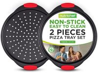 NutriChef 2-Piece 13-Inch Nonstick Pizza Tray, Round Carbon Steel Non-Stick Pizza Baking Pan with Perforated Holes, Premium Bakeware Pizza Screen with Silicone Grip Handles, Dishwasher Safe