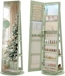 SONGMICS 6 LEDs Lockable Mirror Jewelry Cabinet, 360° Swivel Jewelry Organizer Armoire Standing, Frameless Full-Length Mirror, 3 Storage Shelves, Laurel Green Surface, Cream White Lining UJJC007C01