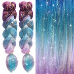 2Pcs Upgraded Ombre Braiding Hair with Hair Extension Tinsel Mashup, Colorful Synthetic Braiding 3 Tone for Women Girls Hair Accessories 24 Inch 101g (Purple & Blue)