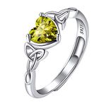 August Birthstone Rings for Women Girls, Solitaire Peridot Birthstone Ring, Minimalist Adjustable Irish Jewelry Ring, 925 Sterling Silver Crystal Heart Celtic Knot Ring