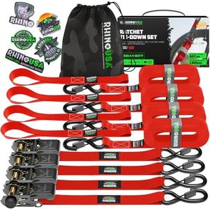 Rhino USA Ratchet Tie Down Straps (4PK) - 1,823lb Guaranteed Max Break Strength, Includes (4) Premium 1" x 15' Rachet Tie Downs with Padded Handles. Best for Moving, Securing Cargo (Red 4-Pack)