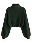 ZAFUL Women's High Neck Lantern Sleeve Ribbed Knit Pullover Crop Sweater Jumper (B-Green, S)