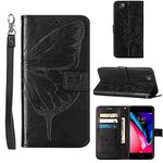 Compatible for iPhone SE 2022 Case,iPhone 7/8 Wallet Case,iPhone SE 2020 Case,6/6S Case,[Kickstand][Wrist Strap][Card Holder Slots] Butterfly Floral Embossed Leather Flip Protective Cover (Black)