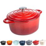 Round Casserole Dish - Cast Iron Ceramic Induction and Gas Safe Dutch Oven Roasting Cooker - with Lid - 10 Year Gurantee (5.2L Casserole, Red)