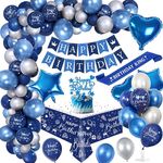 TOLOYE Birthday Party Decorations Men,Royal Blue Balloon Arch Kit with Happy Birthday Banner,Cake Topper,Tablecloth,Birthday Sash,Chrome Blue Silver Birthday Party Decor