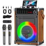 JYX Karaoke Machine with 2 UHF Wireless Microphones, Bluetooth Speaker with Bass/Treble Adjustment and LED Light (Wood, 69)