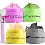 Clay Mask Pack of 4 Jars (400g) With Cute Headband & Brush | | Clay Face Mask Gift Pack | Turmeric Vitamin C Clay Mask For Face, Green Tea, Rose, Dead Sea Mud Mask | Deep Pore Cleansing & Brightening