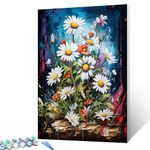 White Chamomile Flowers Oil Paintwork for Adult Kids Tropical Plants Paint by Numbers on Canvas Graffitic Wildflowers Easy to Paint with Brushes and Acrylic Pigment Room Decor 16x20inch(DIY Framed)