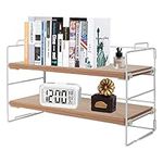 PowerKing Wood Office Desk Shelf Organizer - 2 Tier Space-Saving Desktop Supplies Storage Solution for Workspace Office Home (White Shelf & Original Wooden)