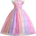 IBTOM CASTLE Girls Long Communion Princess Dresses Flower Pageant Party Wedding Floor Length Dance Evening Gowns, Sequins-rainborw Pink, 7-8 Years