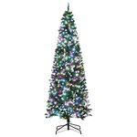 HOMCOM 7FT Tall Prelit Pencil Slim Artificial Christmas Tree with Realistic Branches, 350 Colourful LED Lights and 818 Tips, Xmas Decoration, Green