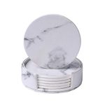 6 Pcs/Set Marble Leather Coasters, White Round Cup Mats with Holder, Heat Resistant Non-Slip Pads for Drinks Tea Coffee Cup Mug Glass - Protect Table from Scratch, Spills, Water Rings and Damage