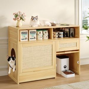 Einhomn Cat Litter Box Furniture 42'' Hidden Enclosure with Litter Drawer, Litterbox Cabinet with Storage, Boho Rattan Style Indoor Cat House Washroom, Fits Most of Litter Boxes