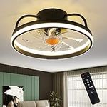 Flush Mount Ceiling Fans with Lights and Remote Control，Modern Enclosed Bladeless,15'' Low Profile Ceiling Fan with Stepless Dimming Lighting Fixture for Bedroom Kitchen（Black）