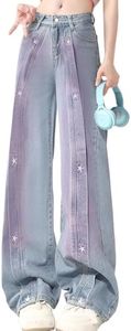 kakarin choyx Harajuku Fashion High Waist Baggy Jeans Y2K Vintage Star Tie-Dye Casual Straight Leg Wide Leg Denim Pants XL Blue