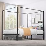 YITAHOME Canopy Bed Frame, Queen Size Metal Bed Frame with USB Charging Station, Four Poster Platform Bed with Metal Slats Support, 12.4 inch Storage Beneath Bed, No Box Spring Needed, Black
