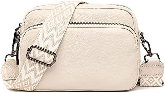 YILCER Crossbody Bag for Women, Small Genuine Leather Camera Handbag Wide Strap Ladies Cross Body Bag, Pom Pom Bags Crossover Shoulder Bags with Adjustable and Removable Guitar Strap, A-beige, cream