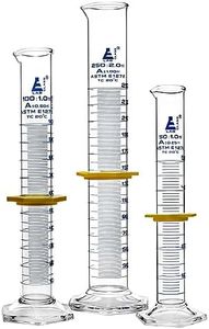 EISCO Premium Graduated Cylinder Set - 50mL, 100mL & 250mL - ASTM, Class A - Protective Collars, Hexagonal Base - Blue Graduations - Borosilicate 3.3 Glass