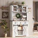 72" Farmhouse Bar Cabinet with Sliding Barn Door, Tall Kitchen Buffet with Storage Hutch and 3 Drawer, Rustic Coffee Wine Bar Sideboard with Wine & Glasses Rack, for Living Room, White