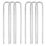 BOOCHCOM 6 Pack 12 inches Garden Ground Stakes, Heavy Duty Rebar U Hook Anchors, Galvanized Curved Steel Tents Stakes with Chisel Point End for Holding Down Fence, Trampoline, Swing Set - Sliver