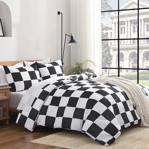 Andency Black White Plaid Comforter King(104x90Inch), 3 Pieces (1 Plaid Comforter and 2 Pillowcases) Black White Checkerboard Comforter Set, Lightweight Microfiber Geometric Bedding Comforter Set