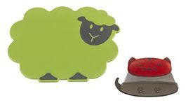 Kuhn Rikon Kinderkitchen Kids Cutting Set, 2 Pieces, Green/Black/Red | Sheep Cutting Board & Cat Mezzaluna Knife with Blade Protector | Child-Friendly Cutting Tools for Real Cooking