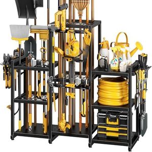 POKIPO 42" H Large Garden Tool Organizer, Holds Up to 86 Tools, Heavy Duty Yard Tool Organizer for Garage, 61“ Wide Lawn Freestanding Tool Storage Rack for Outdoor Shed Tool Rake, Shovel, Brooms