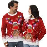 MDAI Ugly Christmas Sweater Adult Women Men,Light Up Christmas Sweaters Unisex Funny Reindeer Sweater,Xmas Pullover Sweater Red