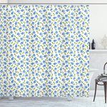 ABAKUHAUS Flower Shower Curtain, Flower Pattern Feminine Nostalgic Art Greenland Natural Creative Design, Cloth Fabric Bathroom Decor Set with Hooks, 70 Inches, Baby Blue Green White