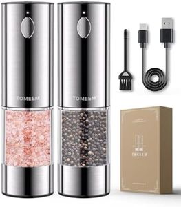 TOMEEM Upgraded Larger Capacity Electric Salt and Pepper Grinder Set Rechargeable with LED lights, Stainless Steel Automatic Pepper and Salt Grinder Refillable with 5 Adjustable Coarseness