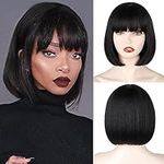 YuanYouTong Black Bob Wig with Fringe, Short Black Wig for Women Ladies, Heat Resistant Straight Hair Synthetic Wig, Natural Looking for Cosplay, Costume, Daily Party, Halloween and Christmas