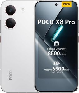 Poco X8 Pro, 8+256GB Smartphone, Premium Dimensity 8500-Ultra Processor, Ultra-Bright AMOLED Display, 50MP Sony IMX882 with OIS, White, 1 Year Extra Warranty, Charger Not Included