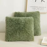 XeGe Faux Fur Throw Pillow Covers, Luxury Fluffy Plush Pillow Shams, Shaggy Decorative Pillow Cushion Cover for Sofa Bed Couch with Zipper Closure, Pack of 2 (18''x18'', Sage Green)