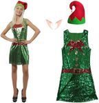 Carnavalife Sequins Club Party Dress for Christmas Costume Dress Suit Headband Hat for Mum Santa Elf and New Year's Eve (S/M, ELFO)