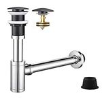 Bottle Trap 1/4, Round Decorative Adjustable Waste Traps Plumbing Drain Tube for Bathroom Sink Basin Vessel, Polished Chrome + Matte Black Basin Sink Waste Slotted Pop Up (Without Overflow)