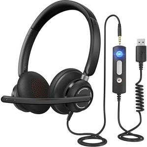 JabNecter Wired Headphones with Microphone for PC, On-Ear Computer Laptop USB Headset with Noise Cancelling Microphone in-line Control for Home Office Online Class Skype Zoom, (3.5mm + USB)